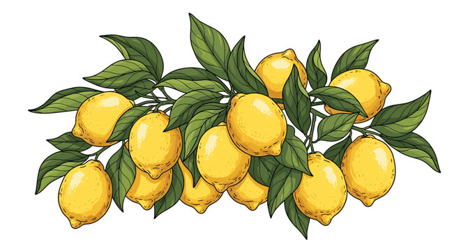 Sketch vector illustration of fresh yellow lemons hanging on branches with lush green leaves, isolated on a white background.