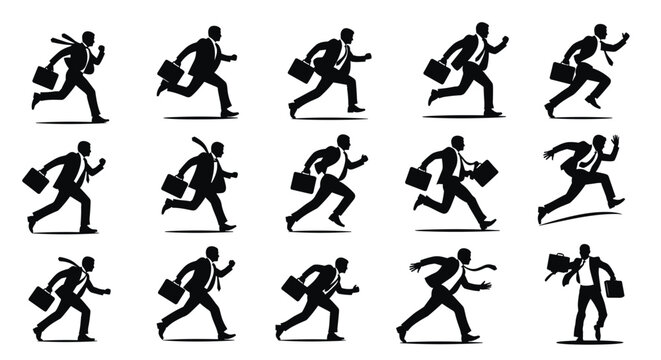 Silhouettes of a businessman with a briefcase running in various action-oriented poses, showing motion and progress.