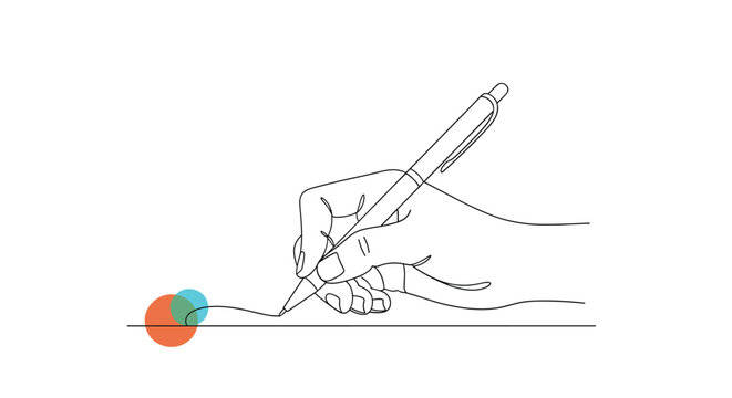 Minimalist single line drawing of a hand holding a pen to write or sign a document on a white background with abstract color spots.