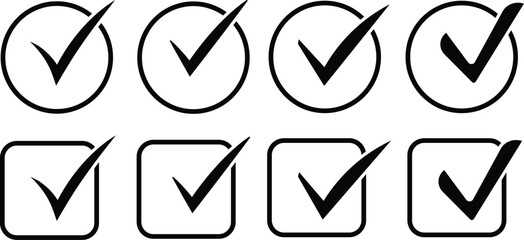 Set of green and black check marks in different styles like circles squares. Green and black tick symbols for correct answers, yes choices, and task completion. Vector set of check mark icons, check b © MDneamul