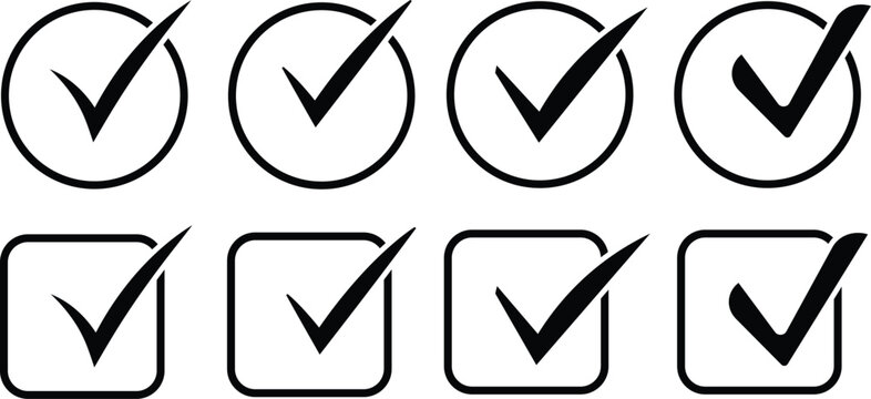 Set of green and black check marks in different styles like circles squares. Green and black tick symbols for correct answers, yes choices, and task completion. Vector set of check mark icons, check b