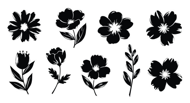 Collection of detailed hand-drawn black flower silhouettes and leaf branches isolated on a clean white background.