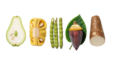 Assorted tropical vegetables and fruits including chayote, jackfruit, moringa, banana blossom, and cassava isolated on transparent background © SHAKIL
