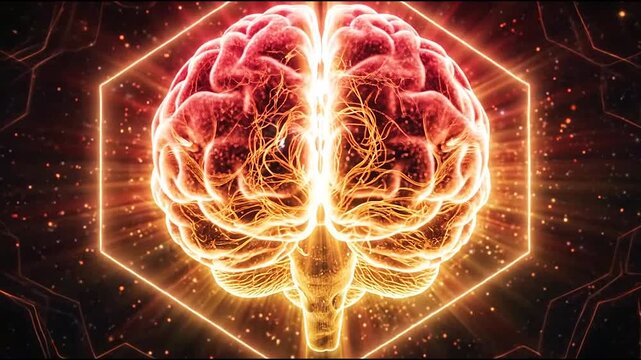 Glowing orange brain with light rays and hexagons.