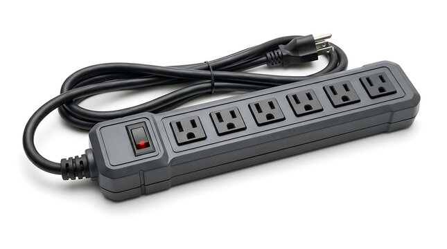 Isolated power strip with six outlets and an on/off switch on a white background