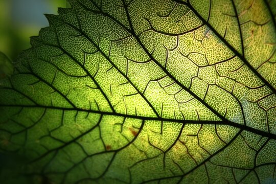 Close up view of a green leaf showing detailed patterns and light shining through in a natural setting