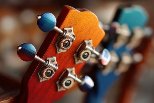 Guitar headstocks with tuning pegs on a wooden surface in a music practice setting during the afternoon
