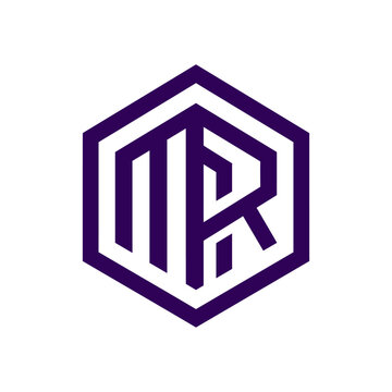 Hexagonal purple monogram logo with letters MR.