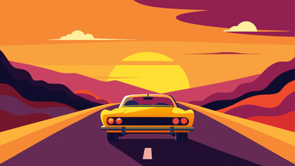 Obraz premium Yellow car driving on a desert road at sunset