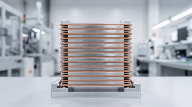 Symmetrical close up of futuristic solid state battery cell layers stacked in clean engineering facility
