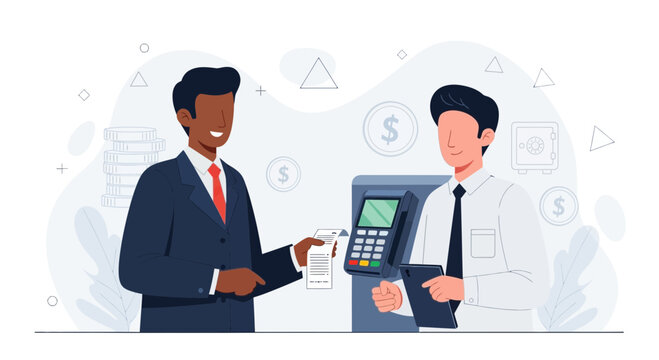 Businessmen making payment at point of sale terminal, financial transaction, banking, digital currency concept