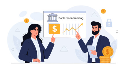 Fototapeta premium Business Meeting: Bank Recommending Financial Growth Analysis with Coins and Lock Icon