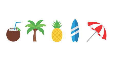 Obraz premium A colorful vector set of summer icons featuring a coconut drink, palm tree, pineapple, surfboard, and beach umbrella. Perfect for travel designs, vacation themes, and tropical graphics.