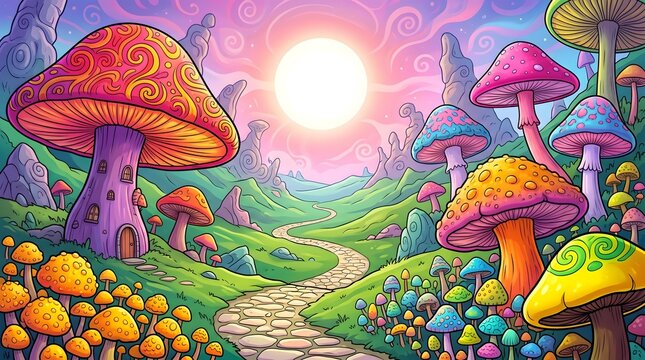 Colorful fantasy mushroom forest landscape with a stone path at sunset