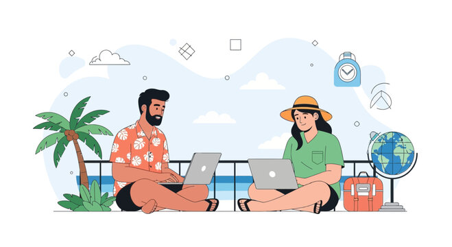 Digital Nomads Working Remotely on Tropical Beach with Laptops