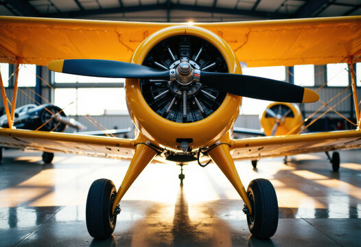 Yellow biplane front view centered in hangar with polished floor reflections