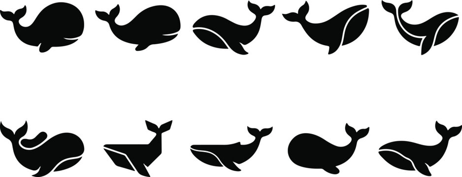Set of black whale silhouettes