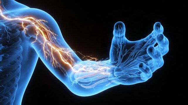 Human Nerve System: A detailed illustration of the human nerve system, highlighting the intricate network of nerves and electrical impulses traveling through the arm, conveying sensation and movement.