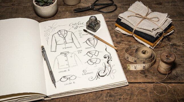 Flash Lit Fashion Ideation Desk With Sketchbook Thread And Offcuts