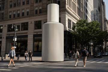 Fototapeta premium Giant Blank Cosmetic Bottle in Urban Crosswalk