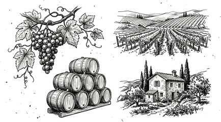 Fototapeta premium Vintage Hand Drawn Wine Making Vector Illustration Set Featuring Vineyard Landscape Stone Winery House Grape Bunch and Wooden Barrels Elements Collection