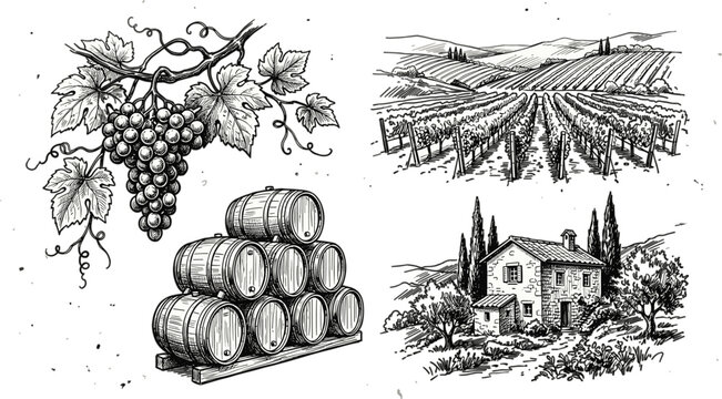 Vintage Hand Drawn Wine Making Vector Illustration Set Featuring Vineyard Landscape Stone Winery House Grape Bunch and Wooden Barrels Elements Collection
