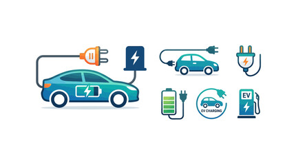 Naklejka premium Electric Car Charging Icons and Symbols - Modern Sustainable Transport