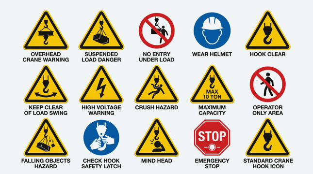 Industrial Safety Warning Signs Collection: Crane, Electrical, Hazard, PPE
