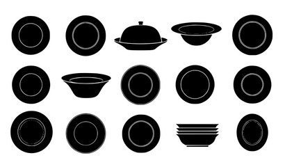 Fototapeta premium Ceramic Plate and Soup Bowl Silhouette Vector Set Featuring Dinnerware Dishes and Cloche Serving Platters for Restaurant Branding, Catering Menus, and Kitchenware Graphics
