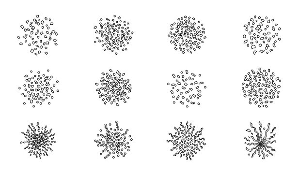 Abstract Geometric Circle Array And Confetti Splash Pattern Set Featuring Dotted Particle Stipple Cluster Vector Line Art Illustrations For Graphic Background Designs