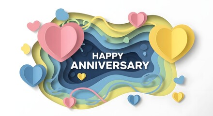 Naklejka premium Beautiful Paper Cutout Style Design Featuring Happy Anniversary Text Surrounded by Colorful Hearts and Shapes