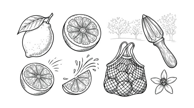 Set of 7 Hand Drawn Lemon and Citrus Fruit Elements Vector