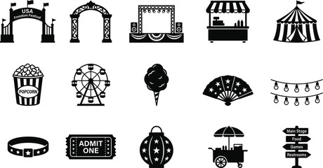 Usa freedom festival silhouette icons set black and white carnival and fair graphics © MD