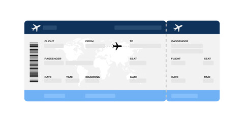 Minimalist airline boarding pass blank template with barcode. Airplane ticket isolated on white background. Blue travel boarding pass design with world map background. Colored flat vector illustration © Narek