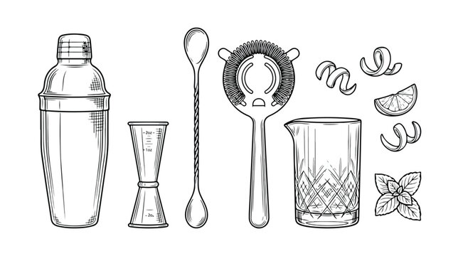 Cocktail Bar Tools and Ingredients Line Art Illustration Set