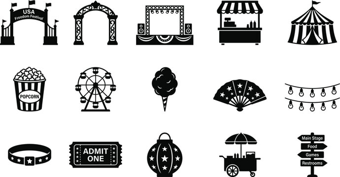 Usa freedom festival silhouette icons set black and white carnival and fair graphics
