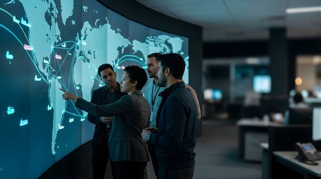 Professional team analyzing global logistics data on a large digital map