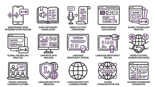 Creative language learning vector icons featuring two-tone linear translation designs for education application interface