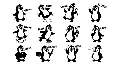 Retro Cartoon Funny Penguin Characters Collection with Vintage Comic Bird Vector Set © MdMiraz
