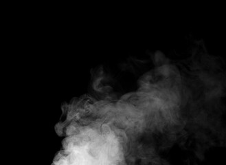 Obraz premium White smoke or fog isolated on black background for design elements, abstract texture, vapor effect, and atmospheric background for creative or cinematic use