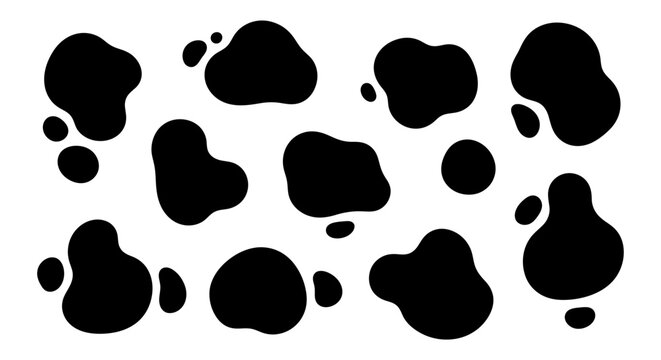 Black cow print pattern with organic spots on a white background.