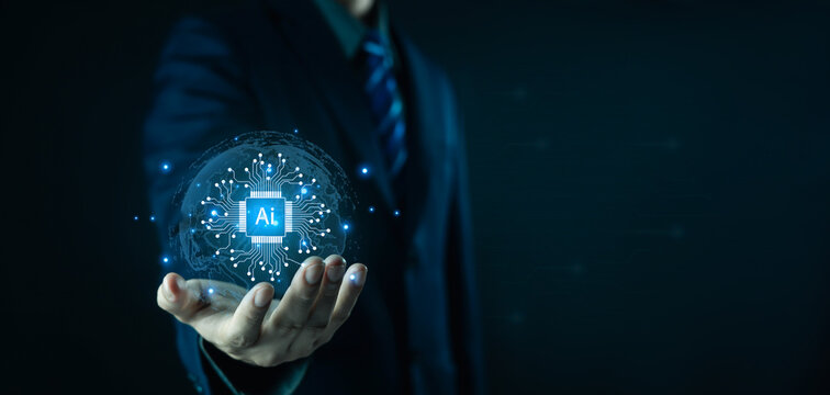 Businessman holding digital globe with AI technology icons, representing artificial intelligence, innovation, data analytics, and future business transformation in the modern digital world.