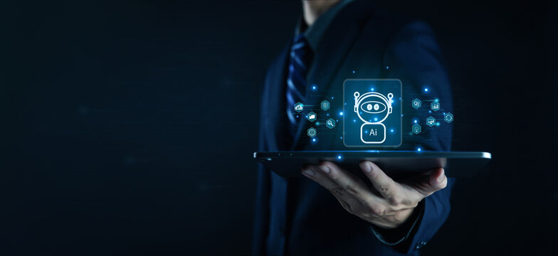 Businessman holding digital globe with AI technology icons, representing artificial intelligence, innovation, data analytics, and future business transformation in the modern digital world.