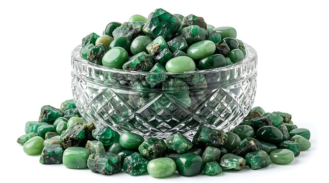 Isolated Scattered Emerald Gemstones in a Crystal Bowl and Around