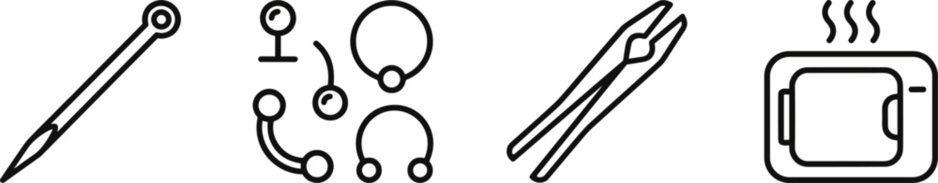Body Piercing Studio Tools and Equipment Line Icon Set Featuring Cannula Needle, Jewelry Rings, Barbells, Forceps Clamp, and Autoclave Sterilizer Vector Graphic