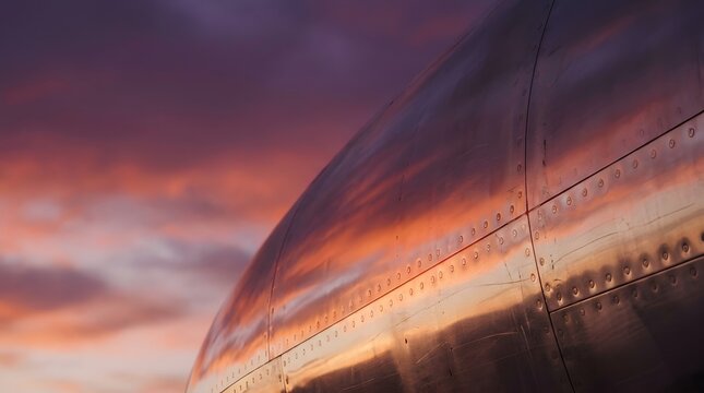 Polished metallic aircraft fuselage with rivets reflecting a vibrant sunset sky conveying sleek aerospace engineering and global travel wanderlust