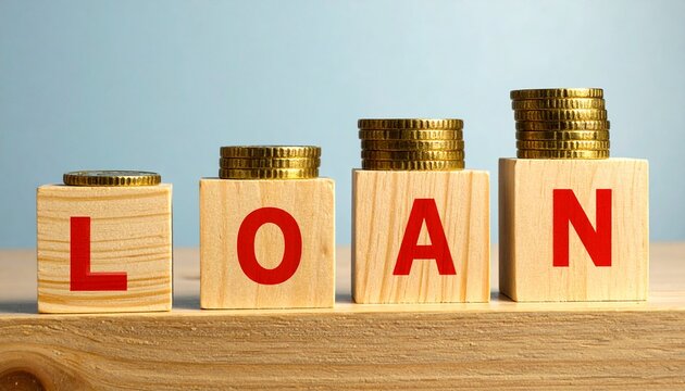 Four Stacks of Gold Coins Arranged in Ascending Height from Left to Right, Placed on Wooden Cubes Spelling LOAN Against a Blue Background