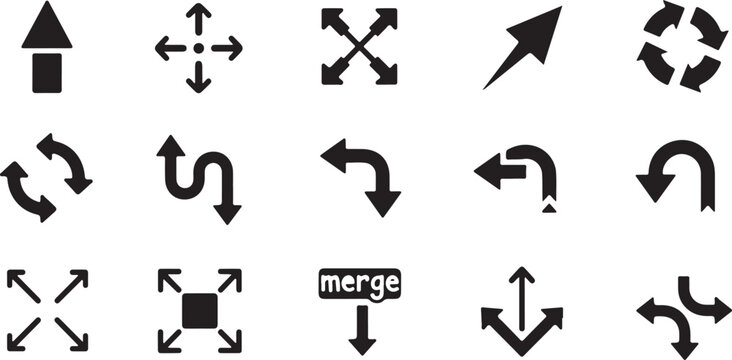 A comprehensive collection of solid, flat black arrow icons featuring diverse directional, navigational, and process-oriented symbols.