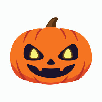 Classic halloween jack o lantern pumpkin with glowing yellow eyes and a wide, toothy grin, perfect for holiday decorations, autumn festivals, or spooky themed designs, isolated vector on white.