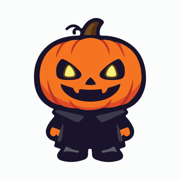 Cute halloween pumpkin character with glowing yellow eyes and big grin, wearing a black cloak, ideal for holiday designs, children's books, or festive october celebrations, isolated vector art.